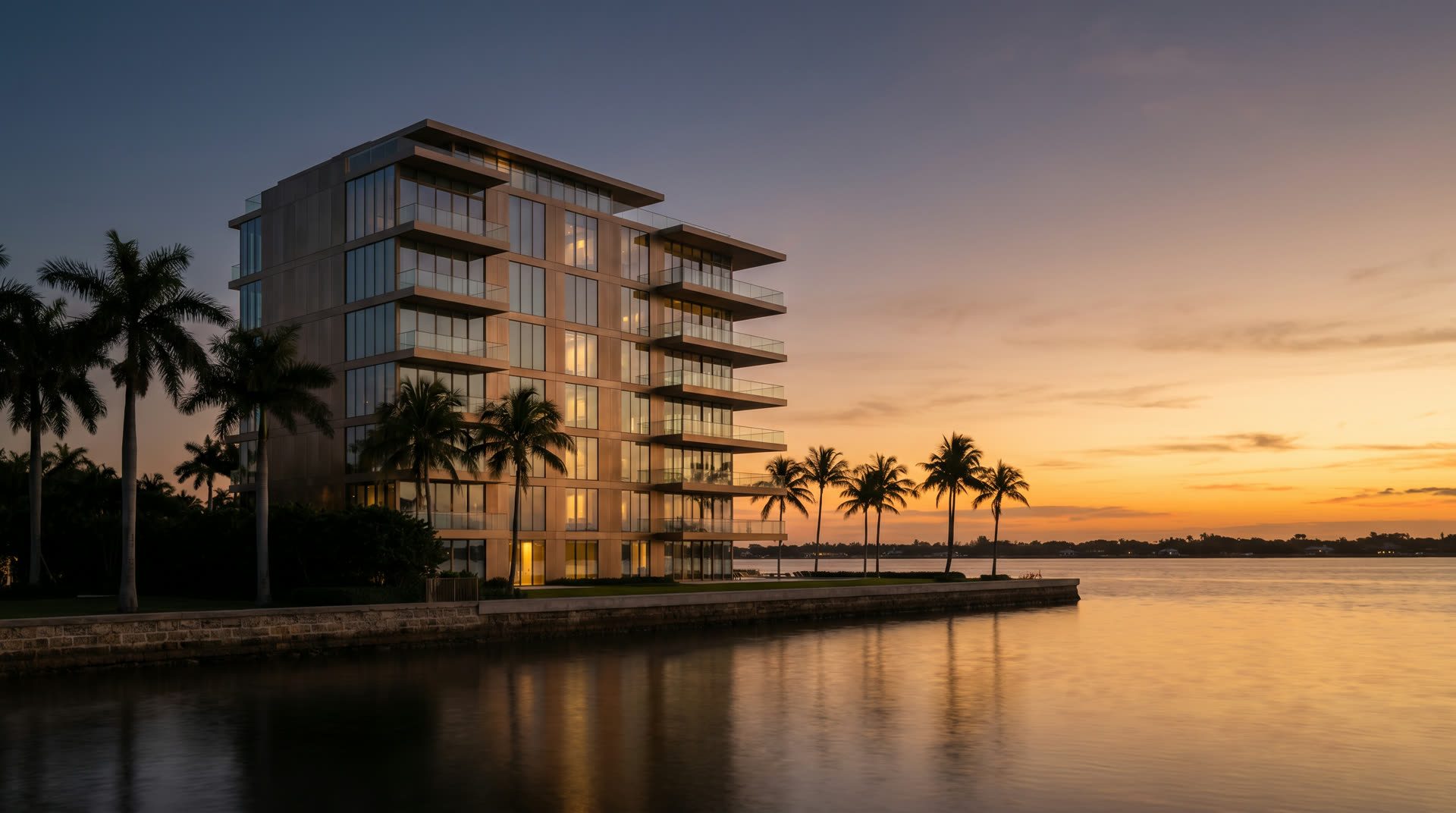 Luxury waterfront residence in South Florida at golden hour